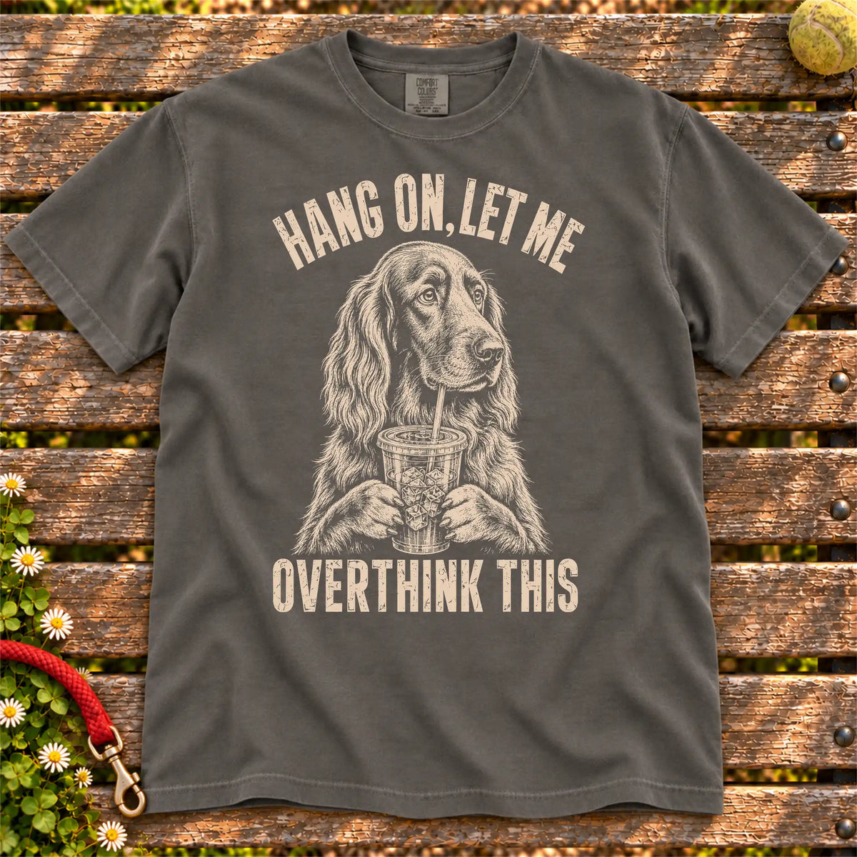 Overthinking Irish Setter design on a Pepper Comfort Colors T-shirt, shown flat