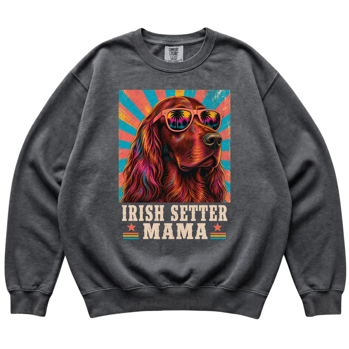 Retro Irish Setter Mama design on a Pepper Comfort Colors sweatshirt