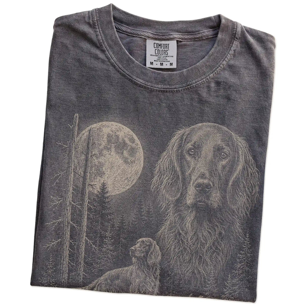 Folded Pepper Irish Setter Moonlit Forest T-Shirt showing the graphic