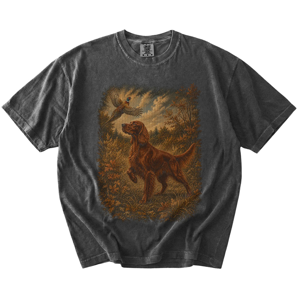 Pepper Irish Setter Pheasant Hunting T-Shirt laid flat