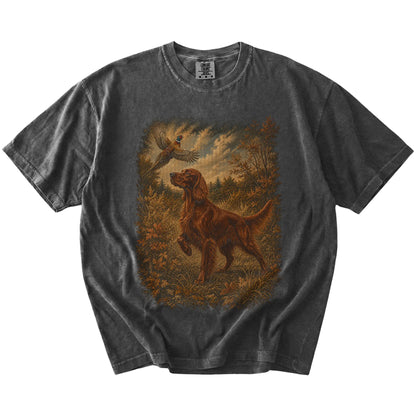 Pepper Irish Setter Pheasant Hunting T-Shirt laid flat