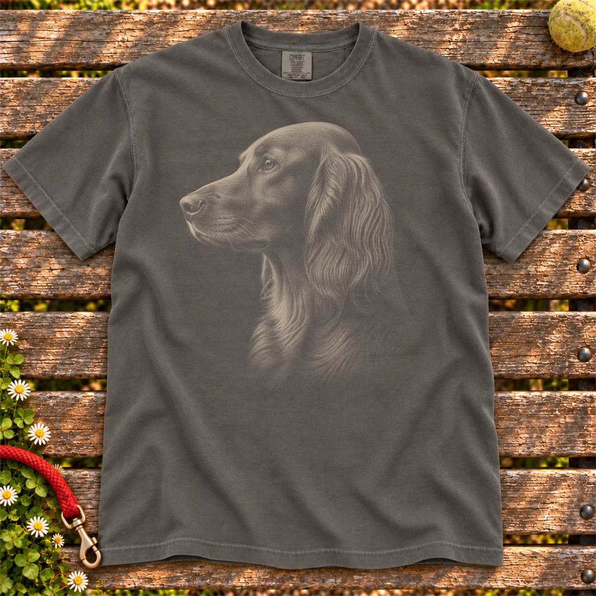 Irish Setter Photo design on a Pepper Comfort Colors T-shirt, shown flat