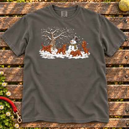 Irish Setter puppies playing in snow with a snowman on a Pepper T-shirt