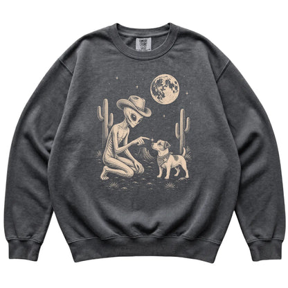 Pepper Comfort Colors® sweatshirt featuring Jack Russell Cowboy and Alien, laid-flat presentation