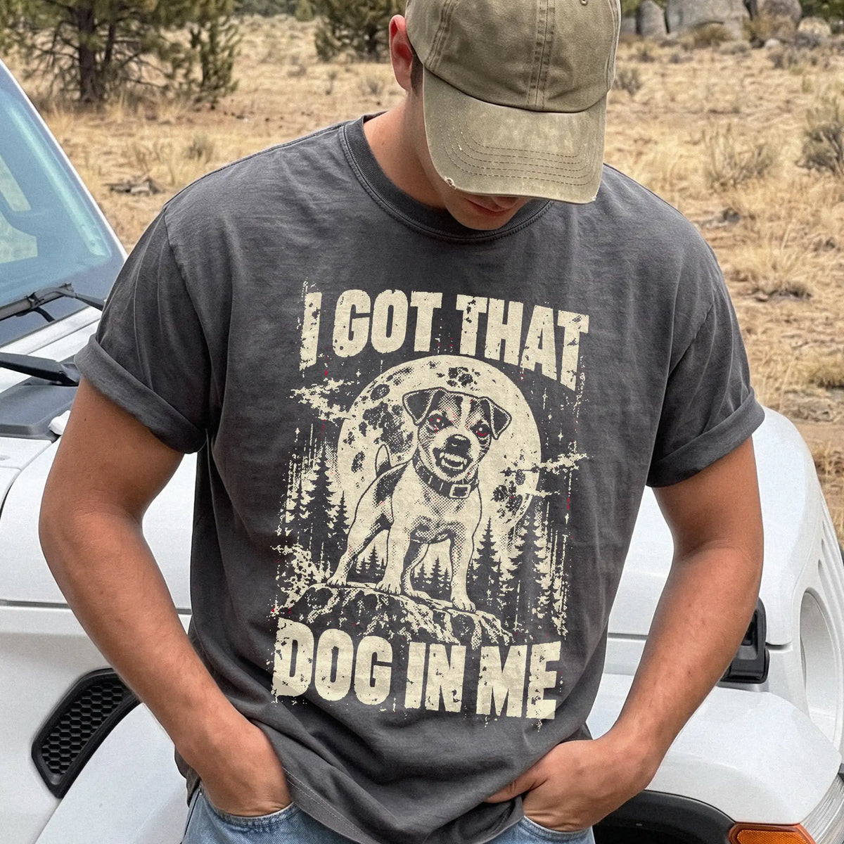 Pepper Jack Russell I Got That Dog in Me T-shirt, worn by a model