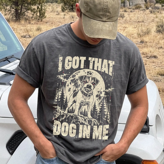 Pepper Jack Russell I Got That Dog in Me T-shirt, worn by a model