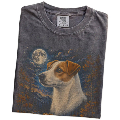 Folded pepper T-shirt with Jack Russell Autumn Moon artwork.