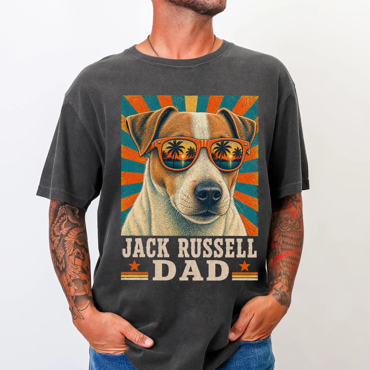 Retro Jack Russell Dad design on a Pepper Comfort Colors T-shirt worn by a model