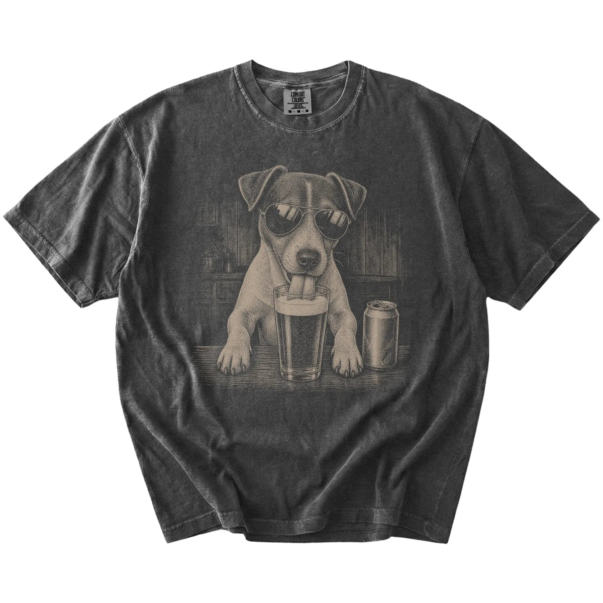 Jack Russell sneaking a drink from a foamy pint at home on a Pepper Comfort Colors® t-shirt