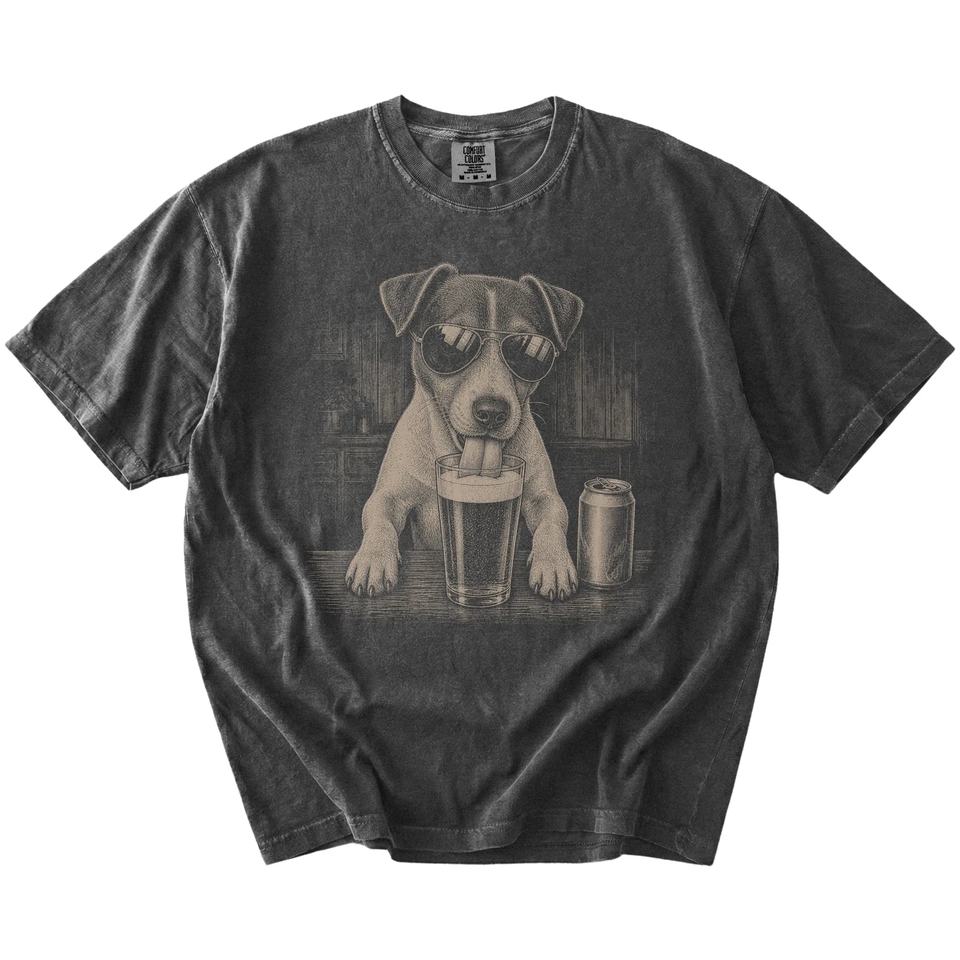 Jack Russell sneaking a drink from a foamy pint at home on a Pepper Comfort Colors® t-shirt