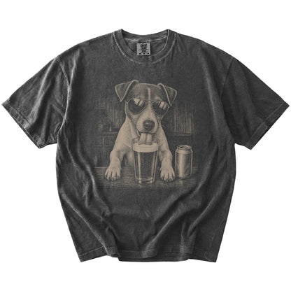 Jack Russell sneaking a drink from a foamy pint at home on a Pepper Comfort Colors® t-shirt