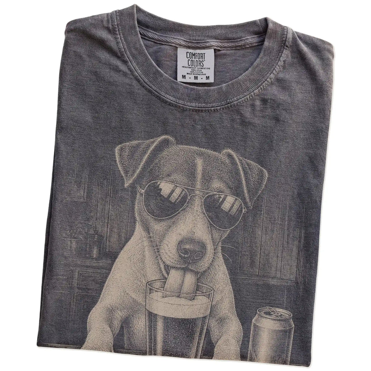 Folded Pepper Comfort Colors® t-shirt showing Jack Russell sneaking a drink from a pint