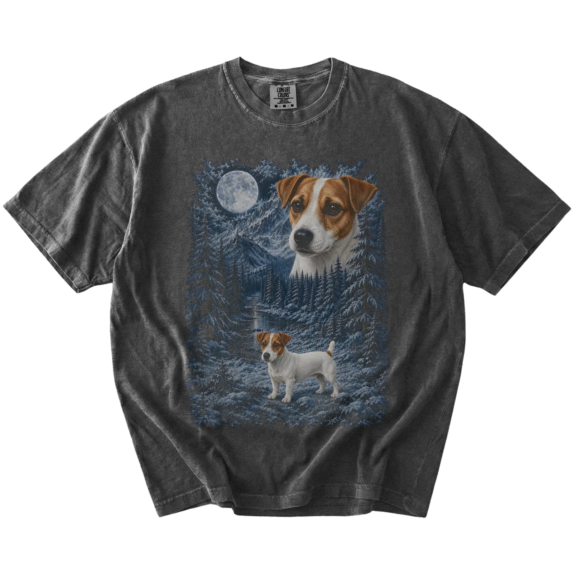 Jack Russell in a snowy winter forest on a Pepper t-shirt