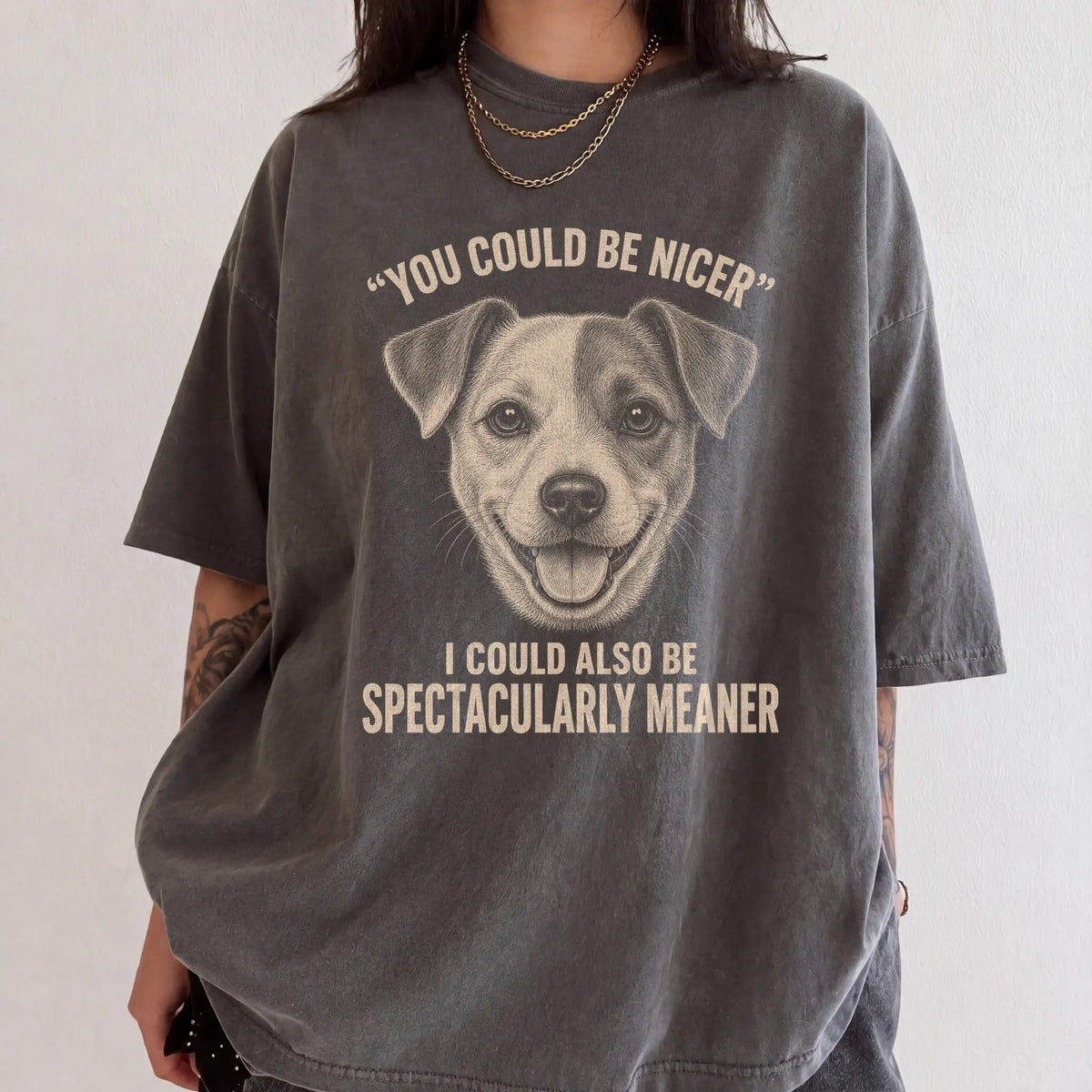 Jack Russell Guard Dog T-Shirt in Pepper worn in a studio setting