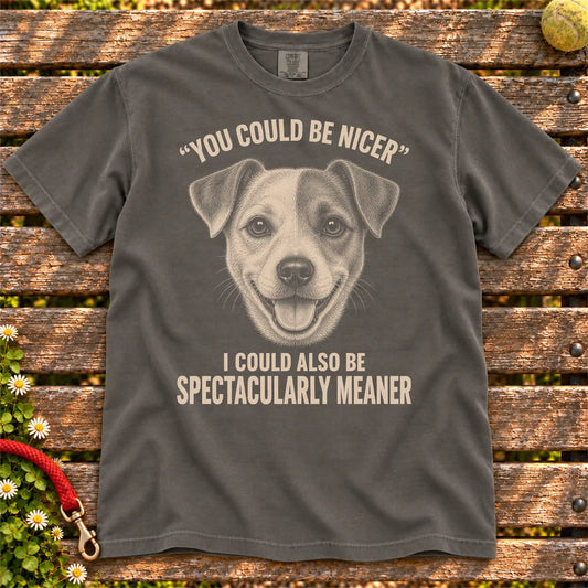 Jack Russell Guard Dog design on a Pepper Comfort Colors T-shirt, shown flat