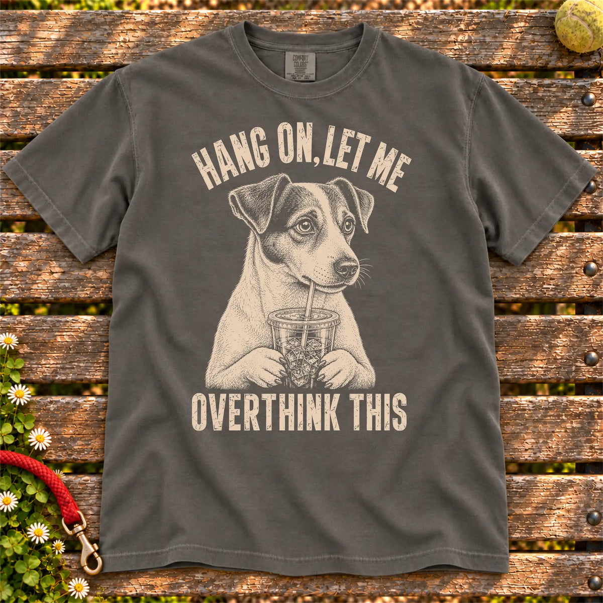 Overthinking Jack Russell design on a Pepper Comfort Colors T-shirt, shown flat