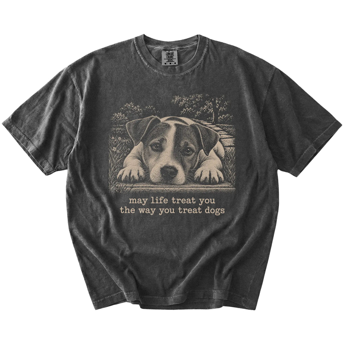Jack Russell Karma Comfort Colors T-shirt in Pepper — Flat Lay
