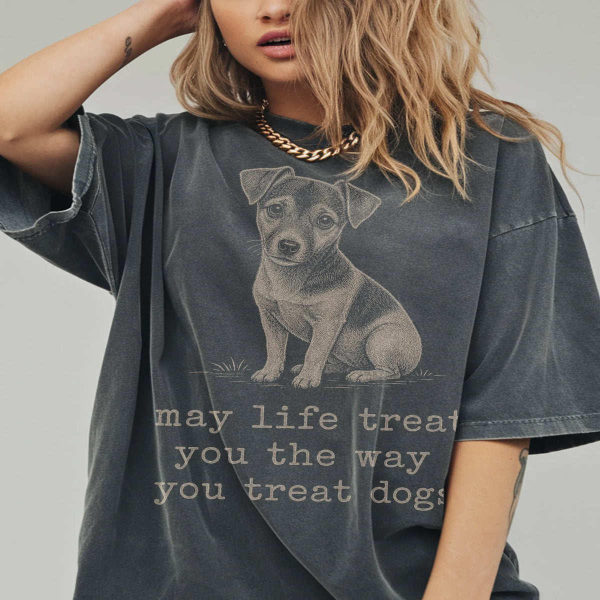 Woman wearing a Pepper Jack Russell Karma T-Shirt