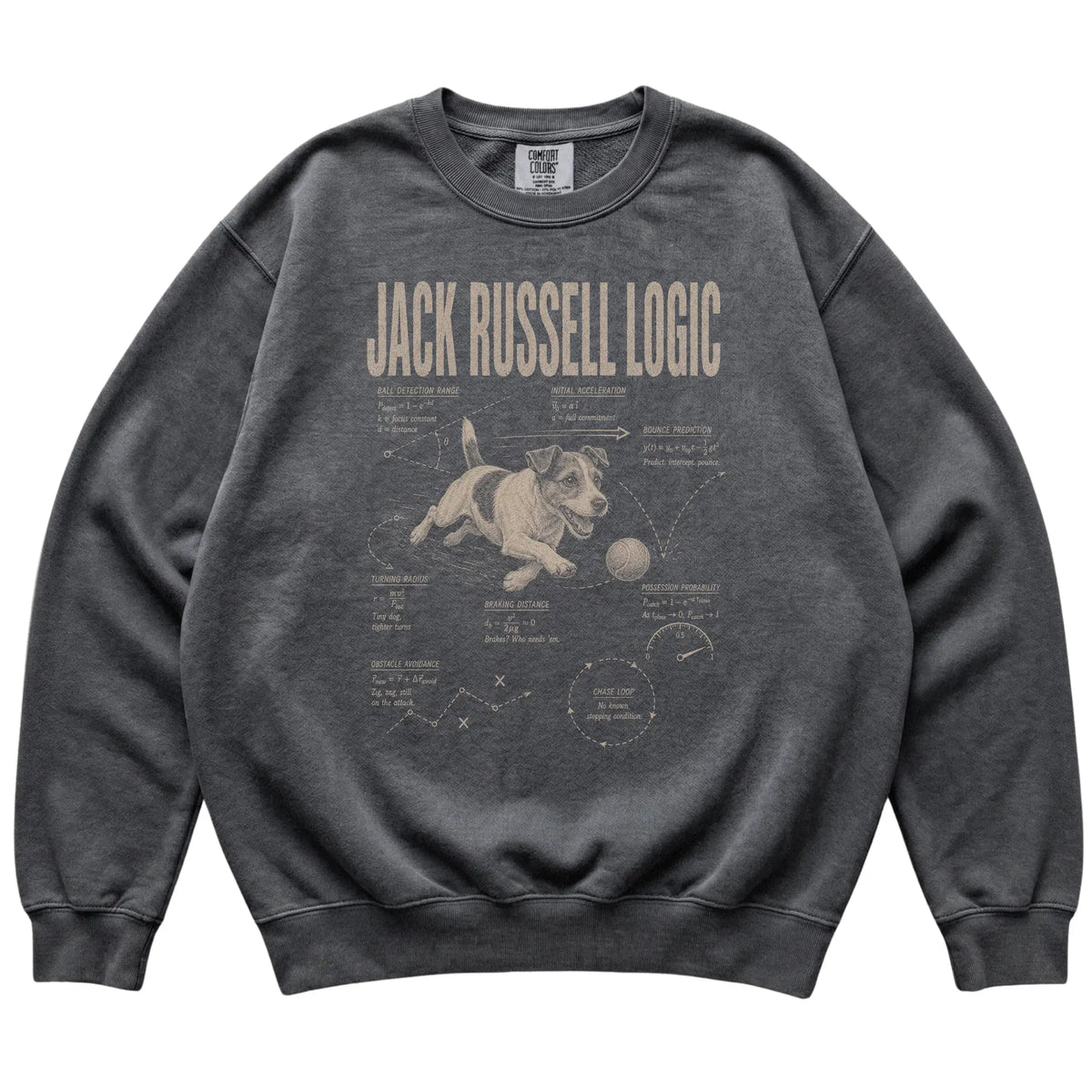 Pepper Jack Russell Logic sweatshirt laid flat