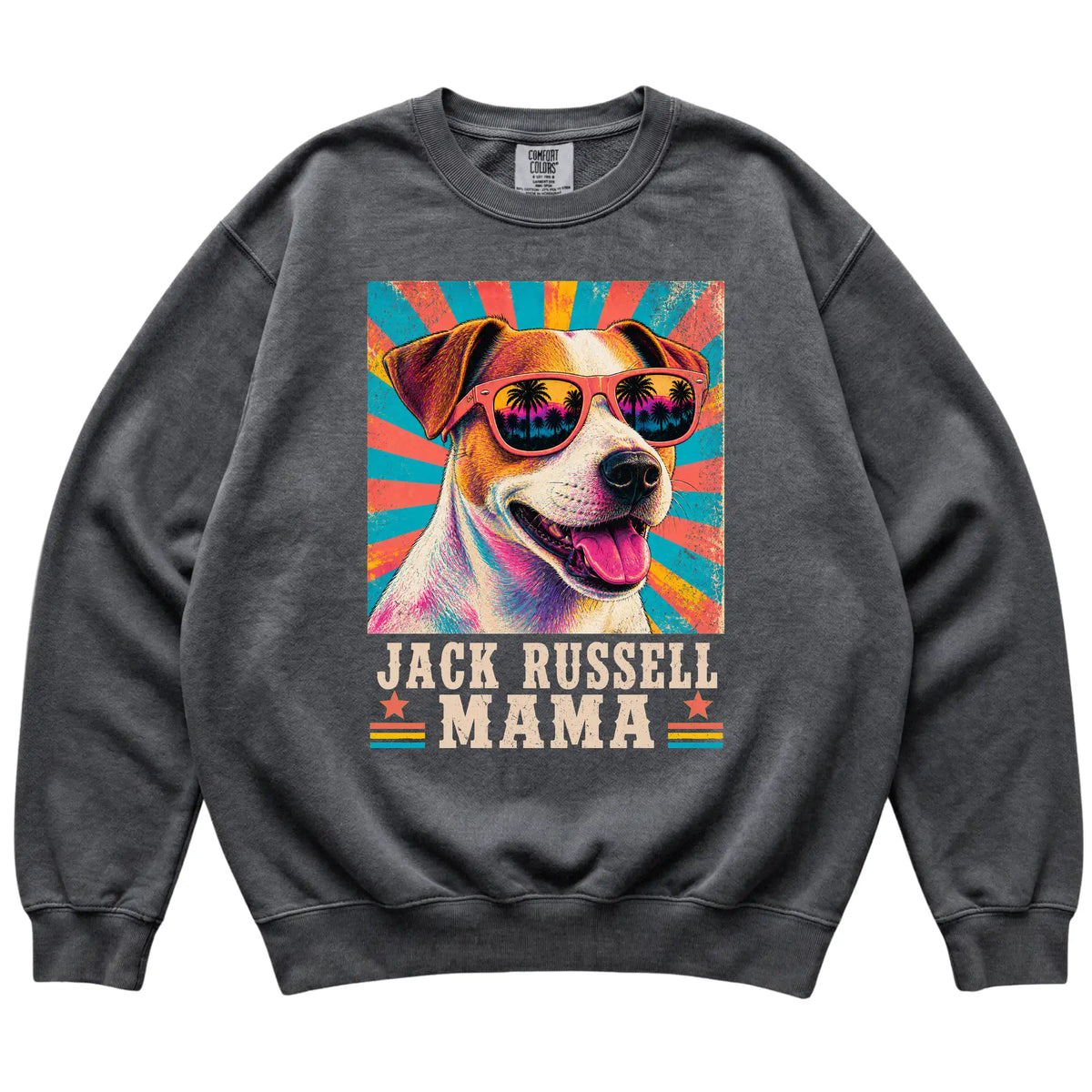 Retro Jack Russell Mama design on a Pepper Comfort Colors sweatshirt