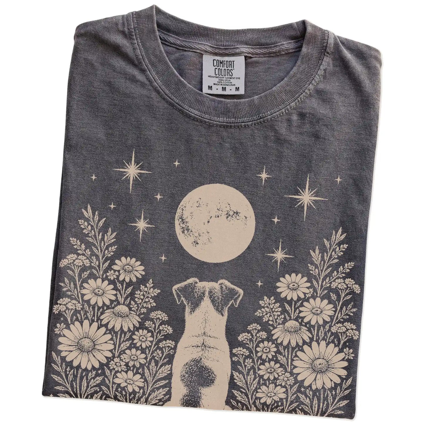 Folded Pepper Comfort Colors® T-shirt showing Jack Russell beneath a wildflower moon