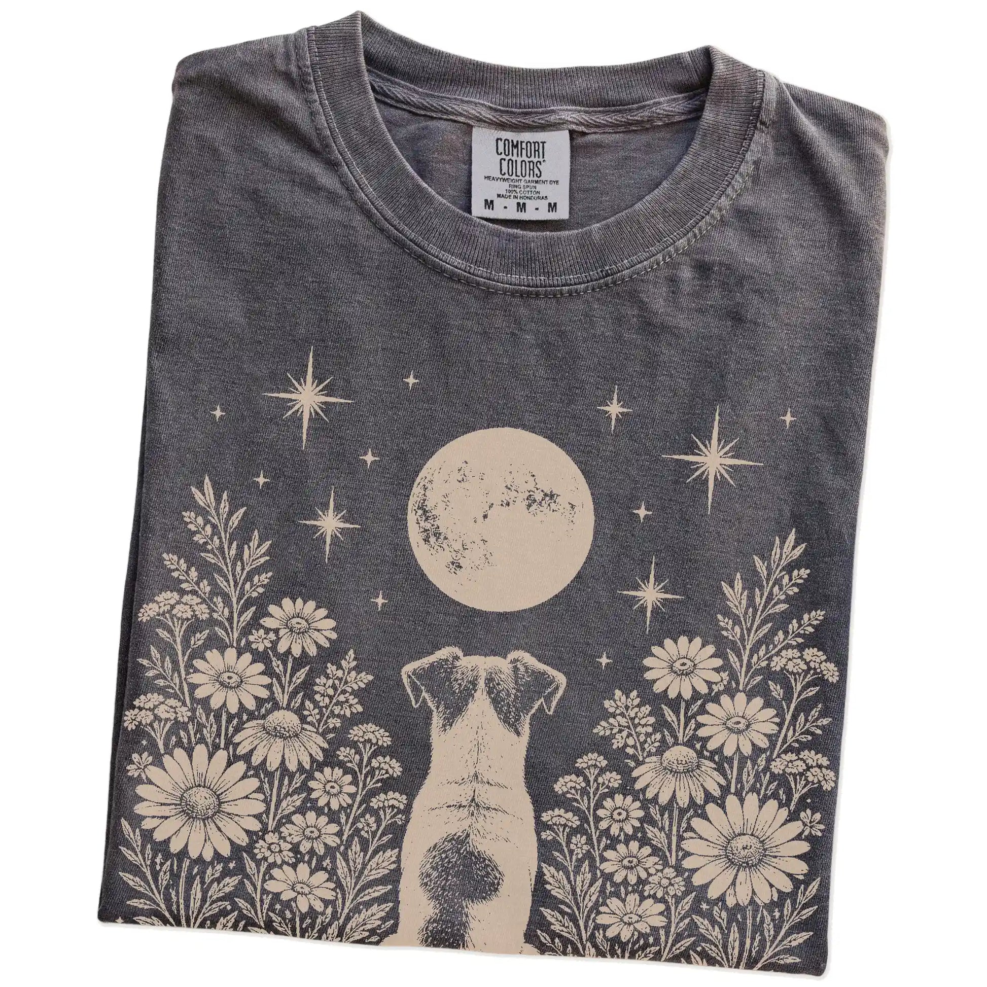 Folded Pepper Comfort Colors® T-shirt showing Jack Russell beneath a wildflower moon