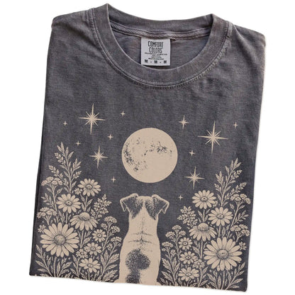 Folded Pepper Comfort Colors® T-shirt showing Jack Russell beneath a wildflower moon