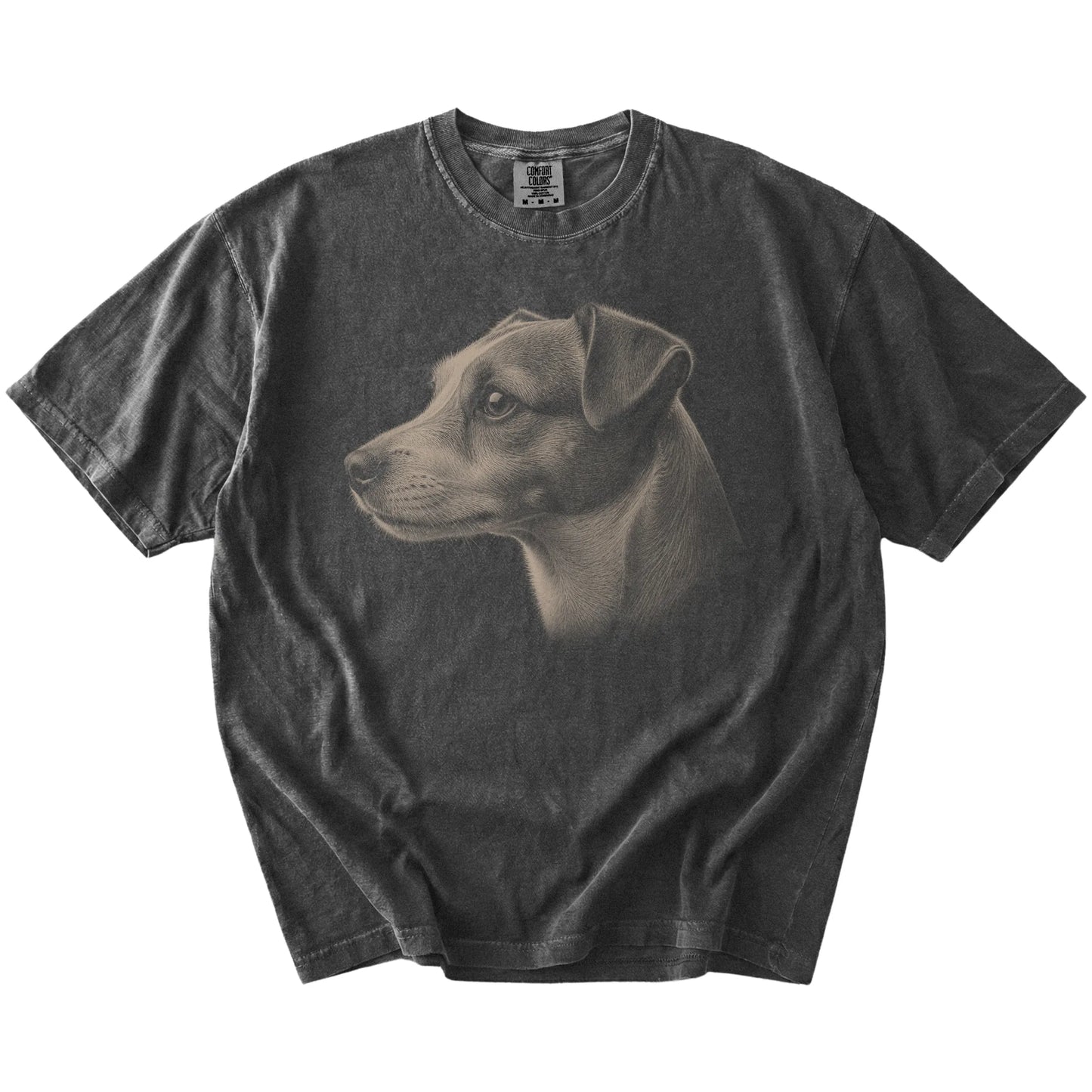 A detailed photographic portrait of a Jack Russell on a Pepper Comfort Colors® T-shirt