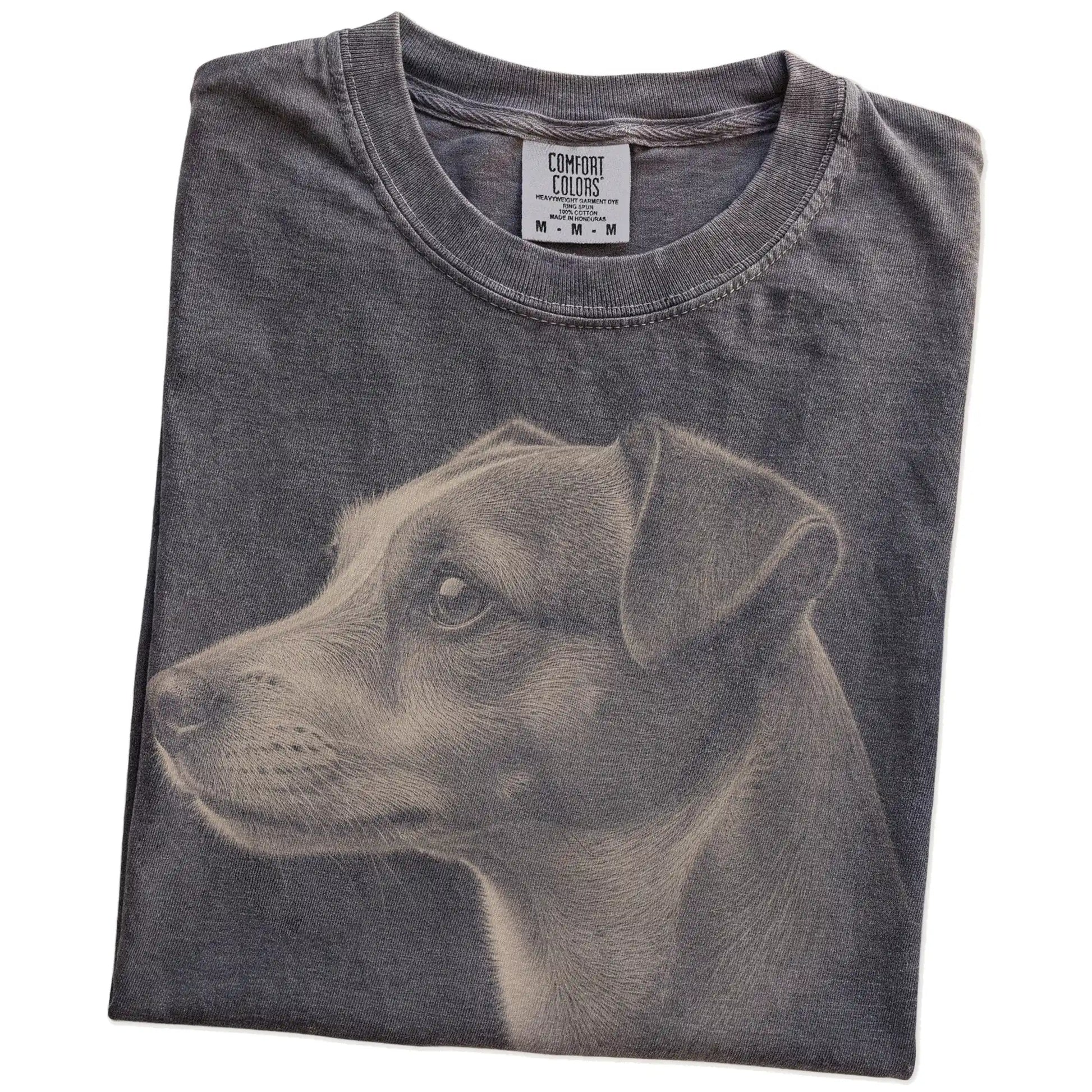 Folded Pepper Comfort Colors® T-shirt showing a detailed photographic portrait of a Jack Russell