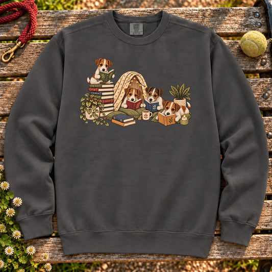 Jack Russell puppies reading books in a cozy blanket fort on a Pepper sweatshirt