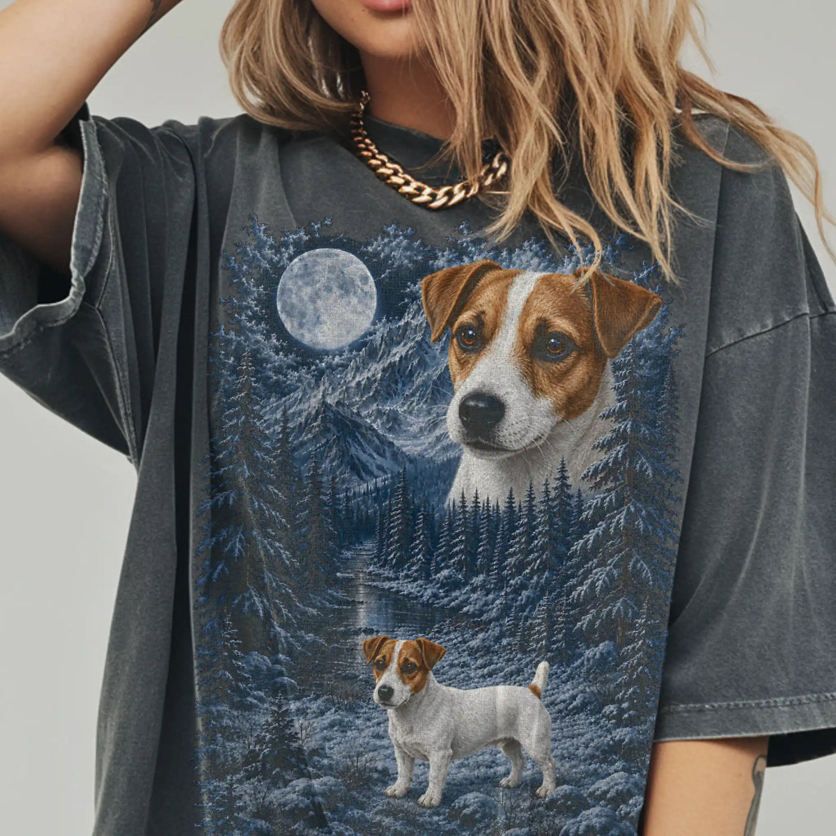 Model wearing a pepper T-shirt with Jack Russell Winter Moon artwork.