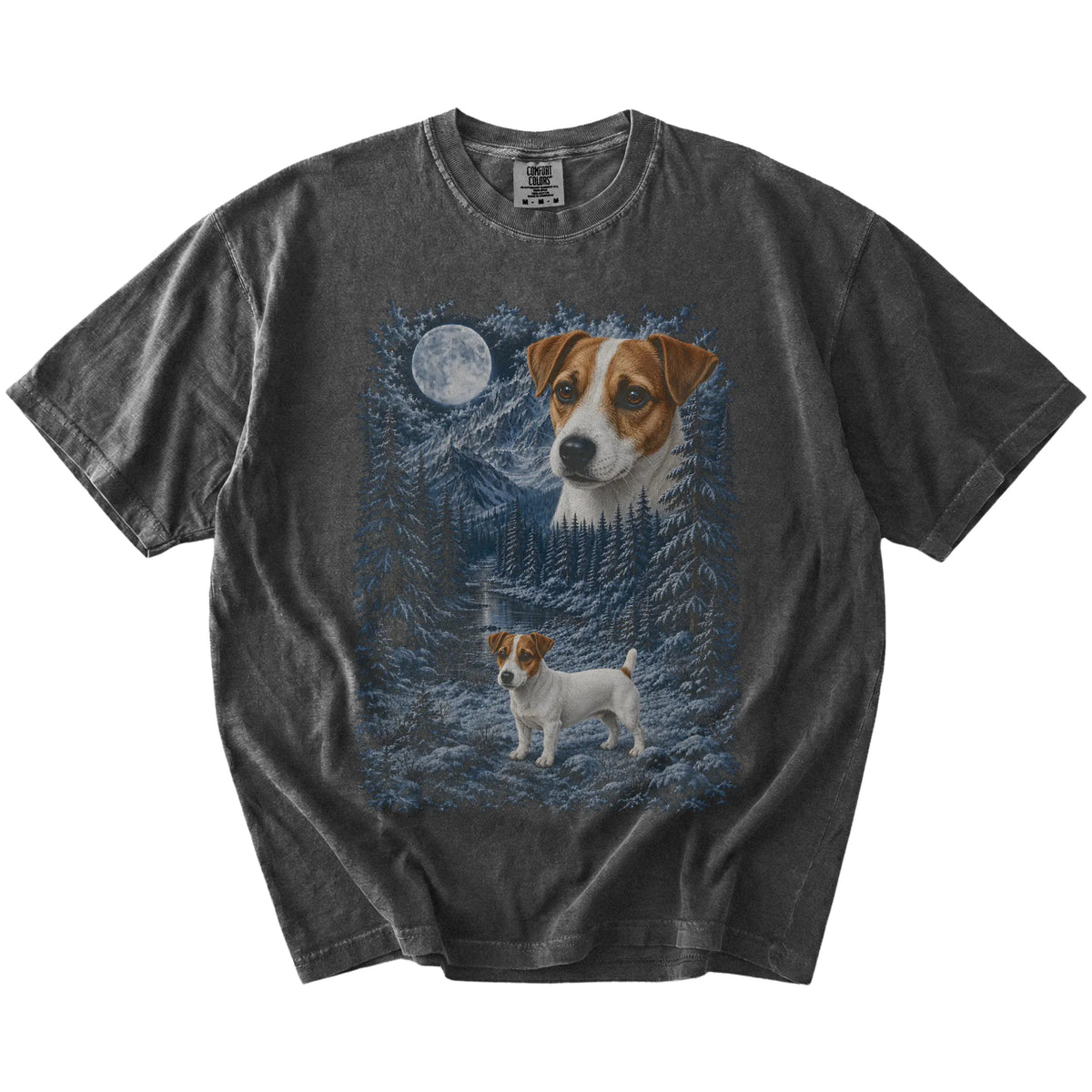 pepper T-shirt with Jack Russell Winter Moon artwork.