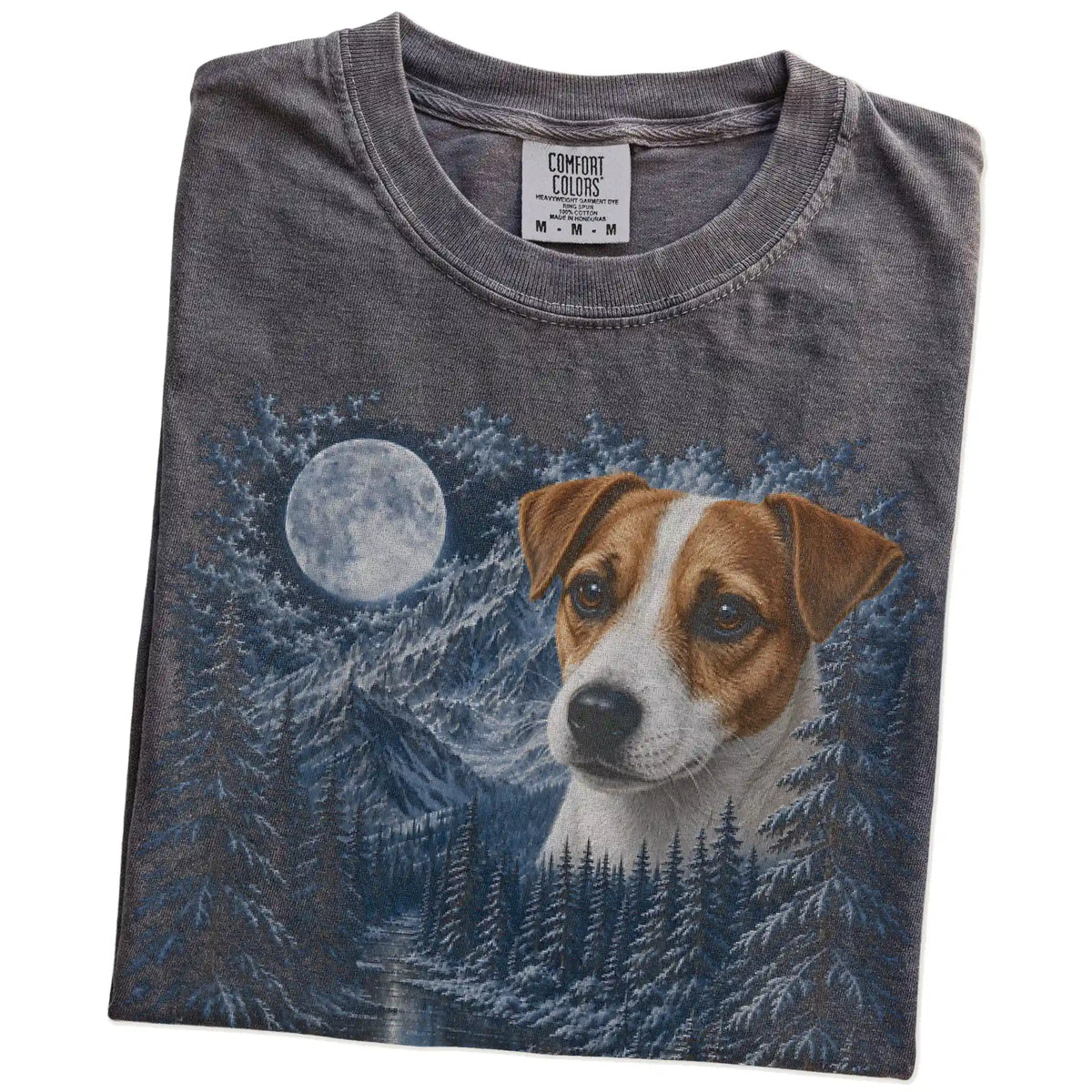 Folded pepper T-shirt with Jack Russell Winter Moon artwork.