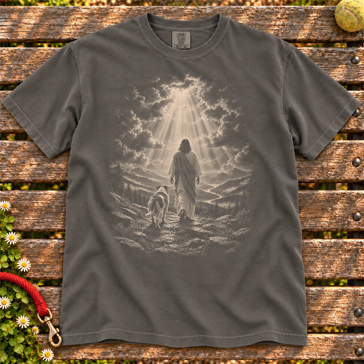 Pepper T-shirt showing Jesus walking beside a American Bulldog beneath rays of light