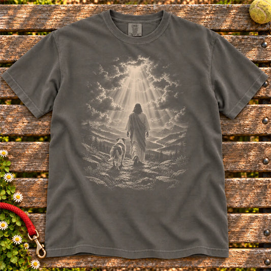 Pepper T-shirt showing Jesus walking beside a American Bulldog beneath rays of light
