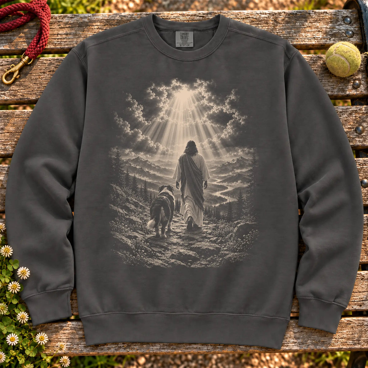 Pepper sweatshirt showing Jesus walking beside a Bernese Mountain Dog beneath rays of light