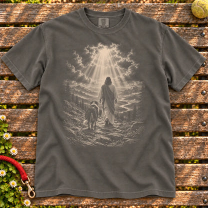 Pepper T-shirt showing Jesus walking beside a Bernese Mountain Dog beneath rays of light