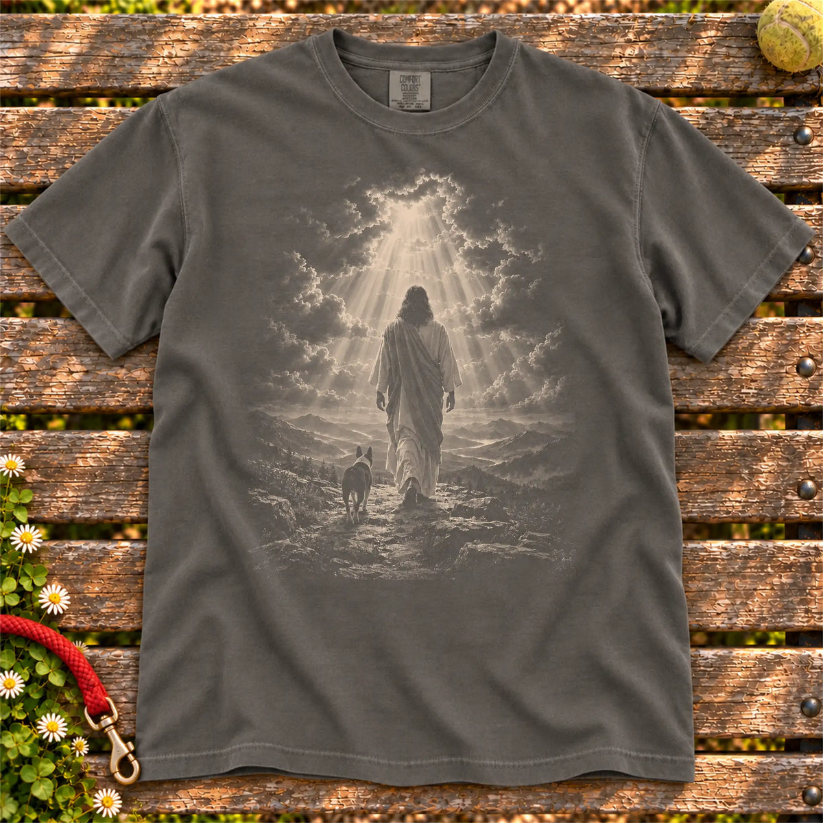 Pepper T-shirt showing Jesus walking beside a Boston Terrier beneath rays of light