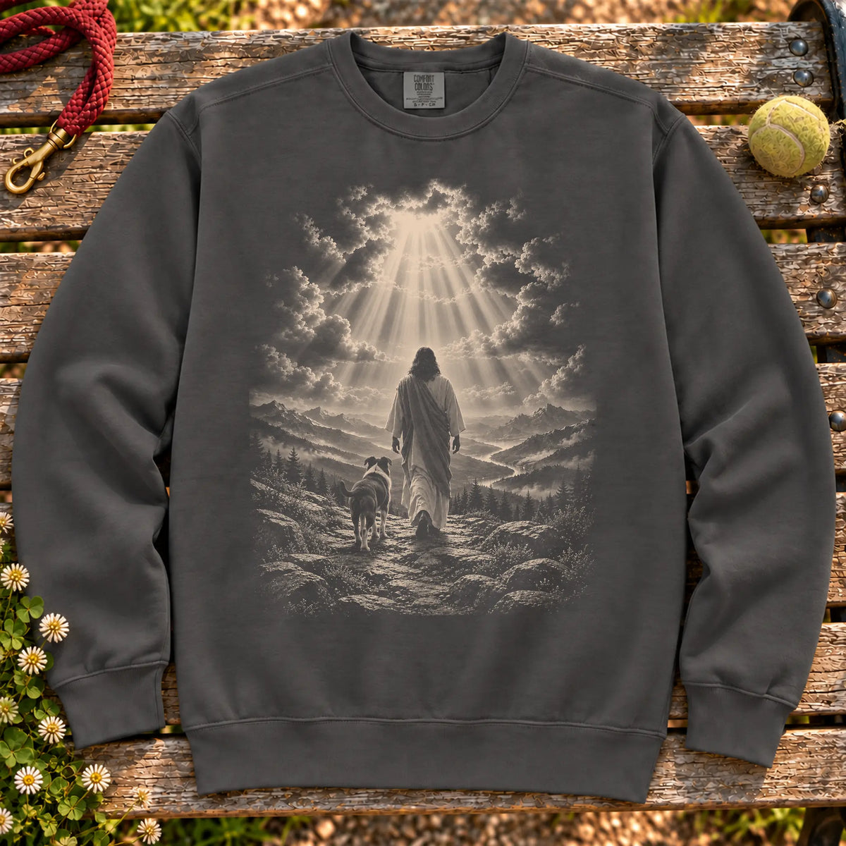 Pepper sweatshirt showing Jesus walking beside a Boxer beneath rays of light