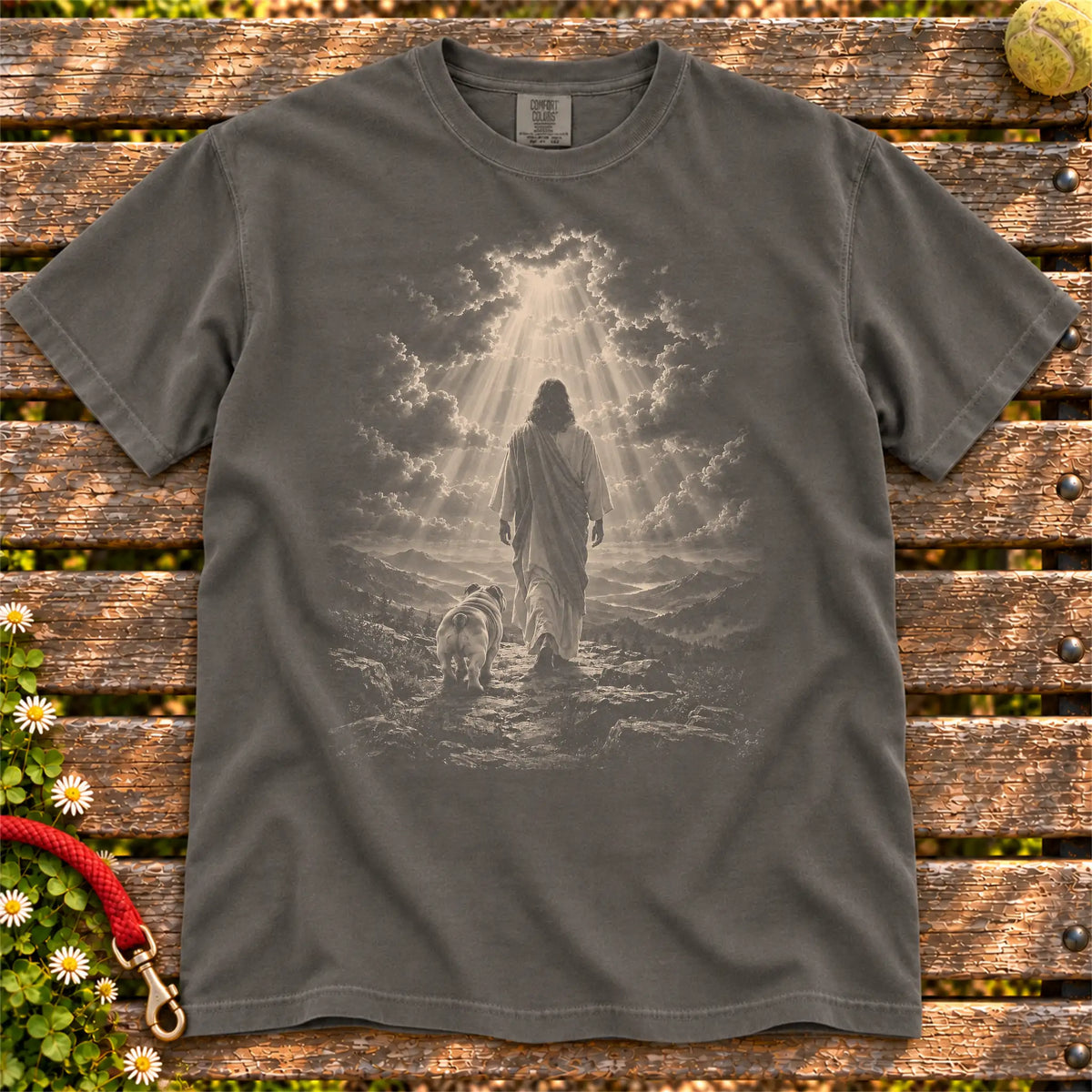 Pepper T-shirt showing Jesus walking beside a Bulldog beneath rays of light