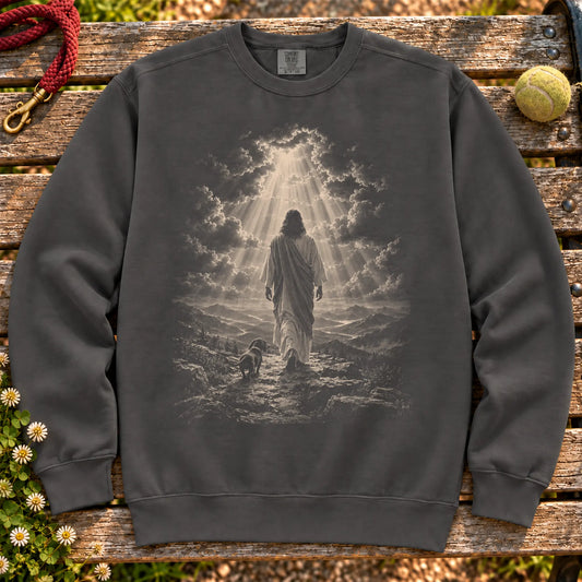 Pepper sweatshirt showing Jesus walking beside a Dachshund beneath rays of light