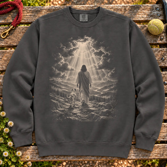 Pepper sweatshirt showing Jesus walking beside a Dalmatian beneath rays of light