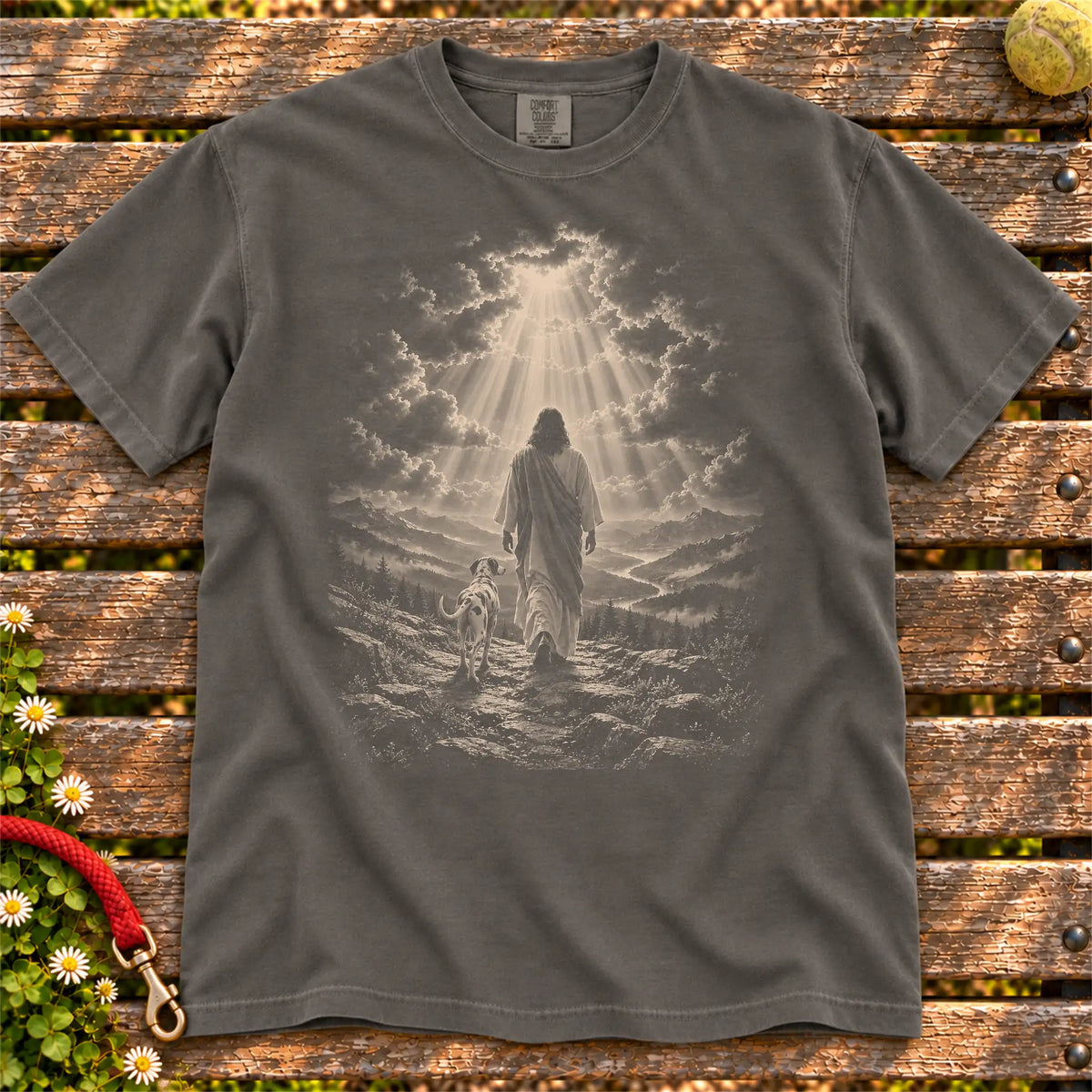 Pepper T-shirt showing Jesus walking beside a Dalmatian beneath rays of light