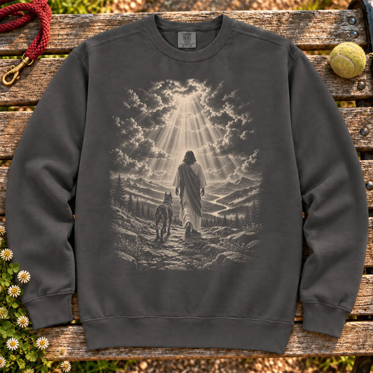 Pepper sweatshirt showing Jesus walking beside a Doberman beneath rays of light