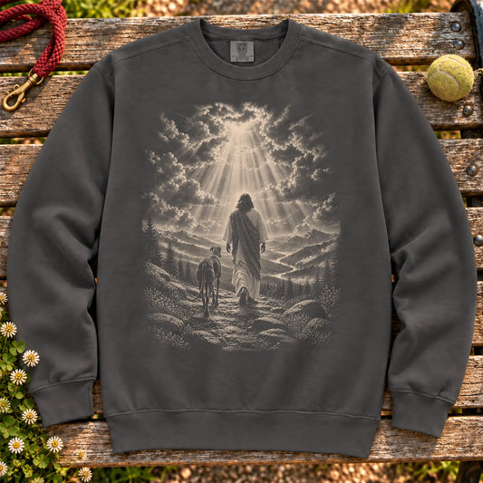 Pepper sweatshirt showing Jesus walking beside a Greyhound beneath rays of light
