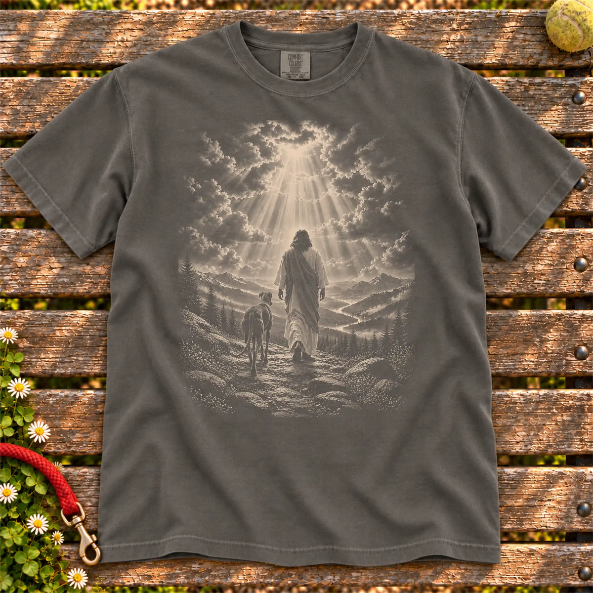 Pepper T-shirt showing Jesus walking beside a Greyhound beneath rays of light