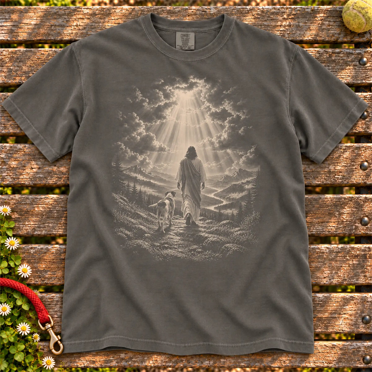 Pepper T-shirt showing Jesus walking beside a Pointer beneath rays of light