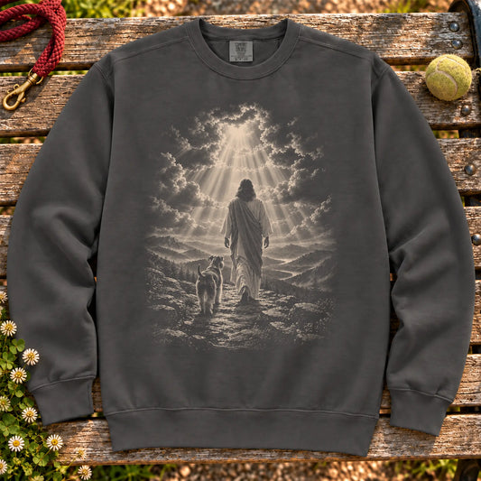 Pepper sweatshirt showing Jesus walking beside a Schnauzer beneath rays of light