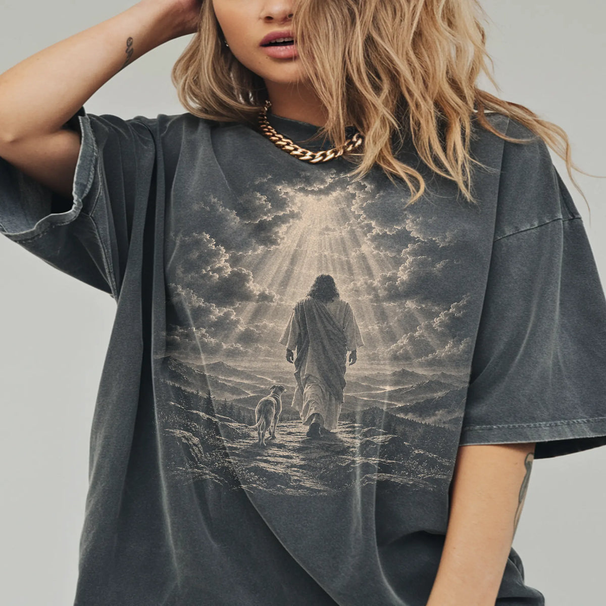 Person wearing a Pepper T-shirt with Jesus walking beside a Whippet beneath rays of light