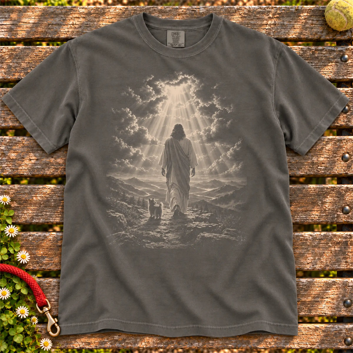 Pepper T-shirt showing Jesus walking beside a Yorkie beneath rays of light